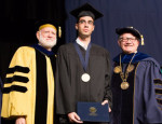 Nadav Ben-Yehuda is flanked by  FIU Provost and Executive Vice President Douglas Wartzok (left) and FIU President Mark B. Rosenberg