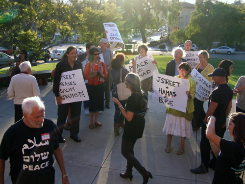 J street supporter and pickets
