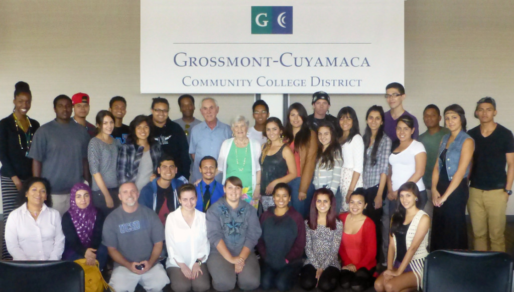 Holocaust Survivors Max and Rose Schindler (center) pose with Grossmont College students