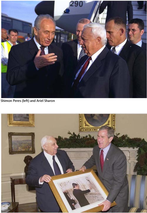 Ariel Sharon with Shimon Peres, upper, and George W. Bush