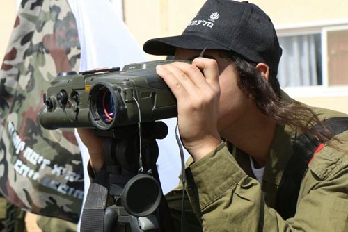 Haredi soldier peers through military binoculars