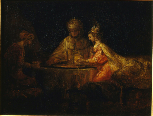 A painting by Rembrandt of King Ahasuerus and Haman at the Feast of Esther. Credit: Pushkin Museum via Wikimedia Commons.