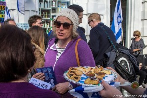 A recent event of Sussex Friends of Israel's "Pies Against Lies" initiative, launched to counter Boycott, Divestment and Sanctions (BDS) protests at the Israeli-owned Ecostream store in Brighton, England. Credit: Oren Teichmann/Sussex Friends of Israel.