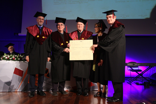 (L-R) Mick Davis; University of Haifa Rector, Prof. David Faraggi; Mr. Fredrik Willem de Klerk; University Vice President and Dean of Research, Prof. Michal Yerushalmy; University President, Amos Shapira