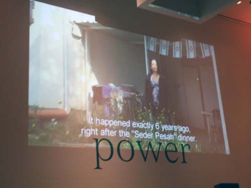 Video of Sha'ar Hanegev mother who lost a child to rocket fire from Gaza. Power graphic is part of an unrelated juried exhibit at the museum studying power in its many forms