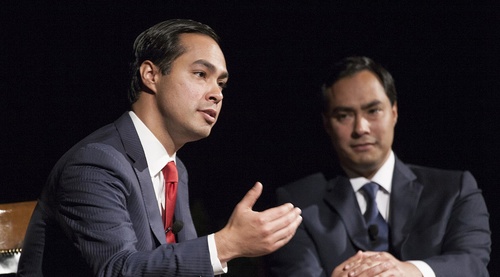 San Antonio Mayor Julian Castro (left) and his twin brother U.S. Rep. Joaquin Castro (D-Texas) at the LBJ Presidential Library. Credit: Lauren Gerson via Wikimedia Commons.