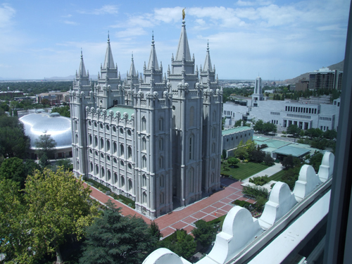 View from top of Joseph Smith office building of Mormon Temple in Salt Lake City