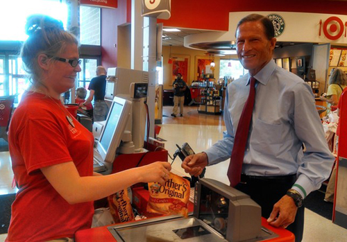 Senator Richard Blumenthal shops at Target to publicize the chain's no-giun policy