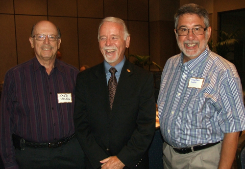 Fred Valfer, board member of the Beth Israel Men's Club, left, Michael McQuary, unopposed candidate for the San Diego Unified School District board, and Rabbi Emeritus Jonathan Stein