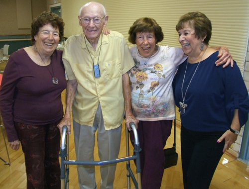 Sam Zeiden is congratulated on his 96th birthday by, from left, Vivian Blackstone, Muriel Kaplan and Paula Sassi