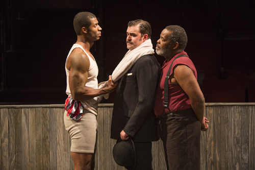 (from left) Robert Christopher Riley as Jay, John Lavelle as Max, and Ray Anthony Thomas as Wynton in Marco Ramirez's The Royale, directed by Rachel Chavkin, Oct. 4 - Nov. 2, 2014 at The Old Globe. {Photo Jim Cox}