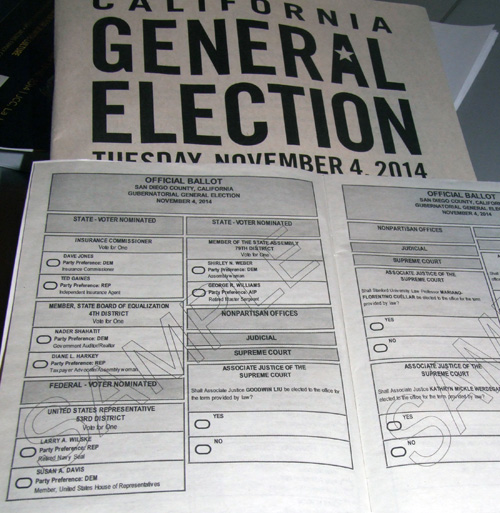 Sample ballot shows races which voters will decide. General election pamphlet (above) summarizes ballot propositions and provides pro and con argument