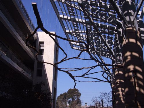 San Diego County's freeway circulation system is model for sculpture from the viewpoint of Mexico looking north. Interstate 5 is on the left with Interstate 805 splitting from it a little north of the border