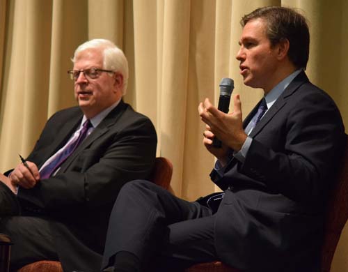 Radio commentator Dennis Prager, left, and Bret Stephens of the Wall Street Journal