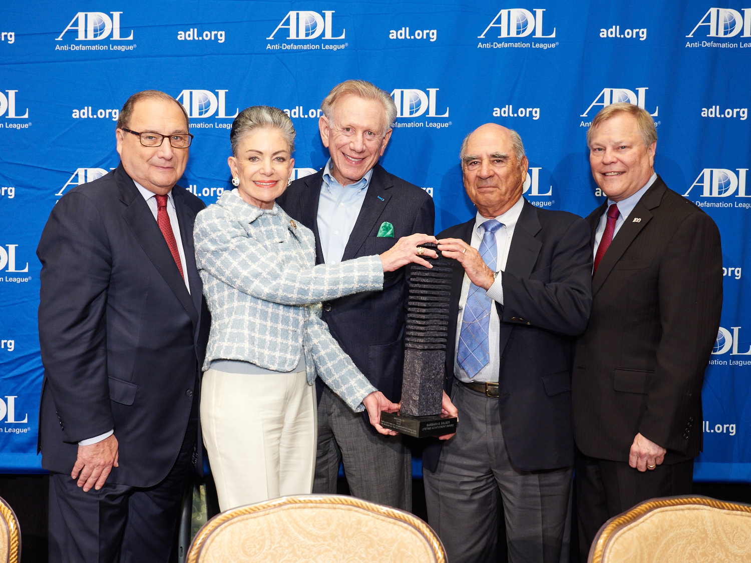Pictured (from left to right): Abraham H. Foxman, ADL National Director, Barbara B. Balser, past ADL National Chair, Ronald D. Balser, ADL National Commissioner, David Strassler, who was presented with the Barbara B. Balser ADL Lifetime Achievement Award, and Barry Curtiss-Lusher, ADL National Chair.