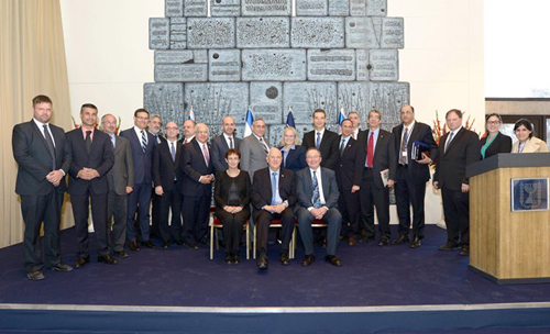 Israel's President Reuven Rivlin (seated, center) with Israeli envoys to posts in North America