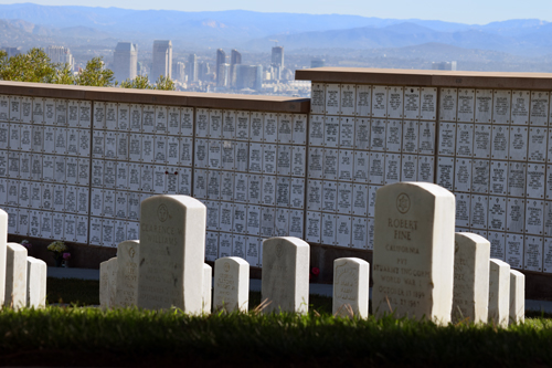 Fort Rosecrans National Cemetery graves, columbarium and San Diego skyline