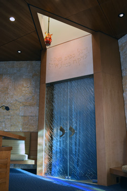 Solar-powered Ner Tamid and flowing water curtains of Aron Kodesh at Temple Emanu-El