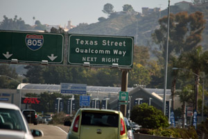 Eastbound I-8 sign for Qualcomm Way and Texas Street