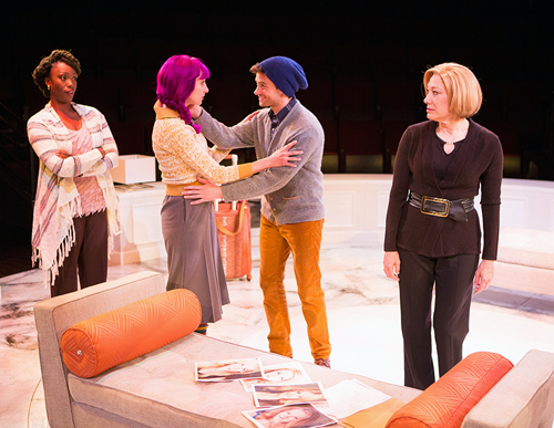 (from left) Carolyn Michelle Smith as Maggie, Lauren Blumenfeld as Claudine, JD Taylor as Henry, and Meg Gibson as Eve in the West Coast premiere of Victoria Stewart's Rich Girl, directed by James Vásquez, May 23 - June 21, 2015 at The Old Globe. Photo by Jim Cox.