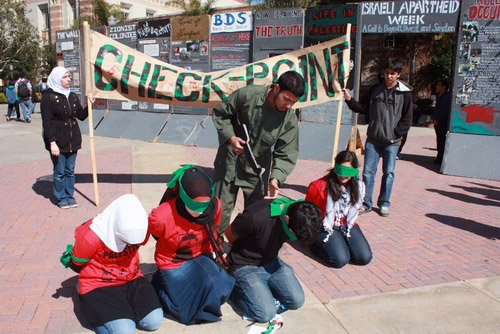 A mock checkpoint set up during "Israeli Apartheid Week" in May 2010 on the University of California, Los Angeles campus. Credit: Courtesy AMCHA Initiative.