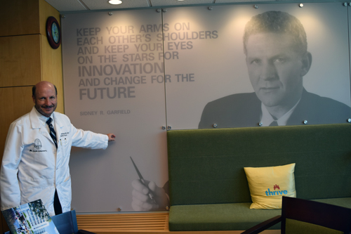 Dr. Paul Bernstein with Garfield mural in his Kaiser-Permanente office