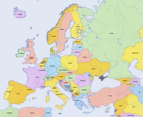 "Europe countries map en 2" by San Jose (map), Hayden120 (retouch) - Derivative work of Europe countries map en.png by San Jose, based on the Generic Mapping Tools and ETOPO2. Licensed under CC BY-SA 3.0 via Commons - https://commons.wikimedia.org/wiki/File:Europe_countries_map_en_2.png#/media/File:Europe_countries_map_en_2.png