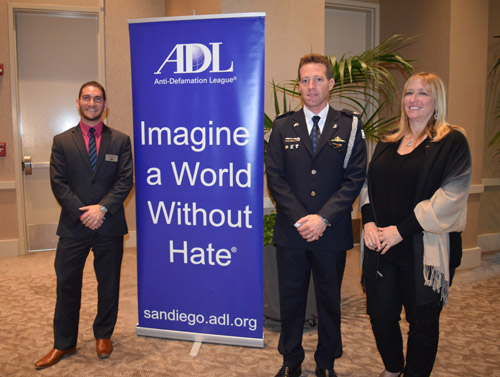 Israel National Police Superintendent Micky Rosenfeld is joined at ADL meeting for law enforcement by Liran Braude, left, deputy director for Jewish security, and regional director Tammy Gillies