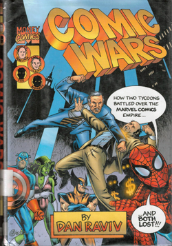Ron Perelman, in brown suit, is cartooned in fight with Carl Icahn for control of Marvel Comics in this book by Dan Raviv