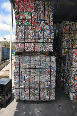Blocks of crushed cans at California Metals