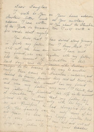 Letter in which Chava Rosenfarb shares news of her father's death