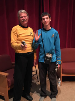 Costumed players (cosplayers) Captain Kirk, left, and Spock, right, attended 'For the Love of Spock.' They declined to reveal their own identities