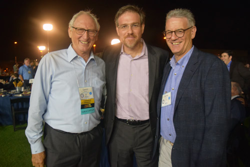 David Ellman, a leader in the San Diego Jewish community, Pulitzer Prize winning columnist Bret Stephens, and Waxie Sanitary Supply owner Charles Wax visited prior to Stephens' speech. Stephens was a guest at the Rancho Santa Fe home of Charles and Randi Wax.